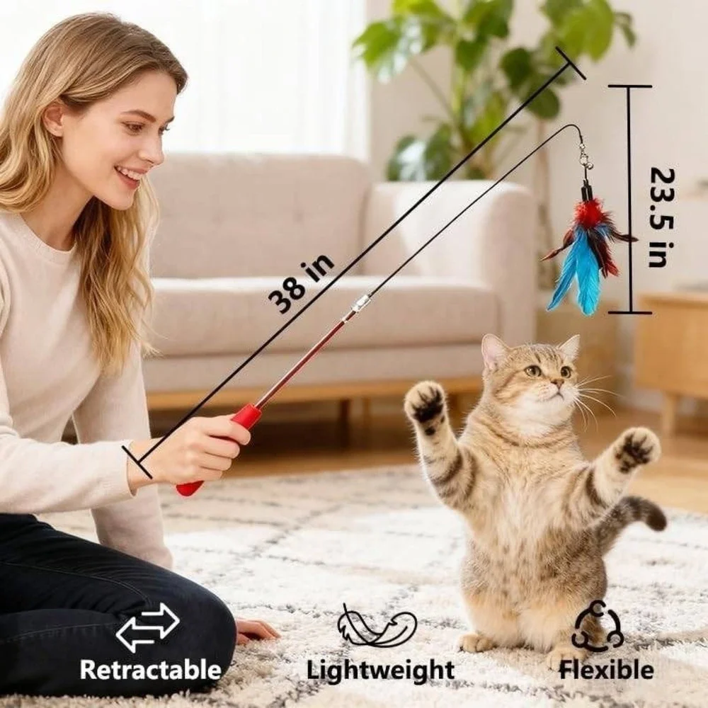 Retractable Cat Wand Toy Set with 9 Interchangeable Feather and Worm Refills